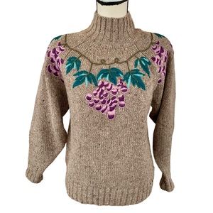 Vintage 80s P.S. Sport Embroidered Grapes Grapevine Wool Blend Mock Neck Sweater